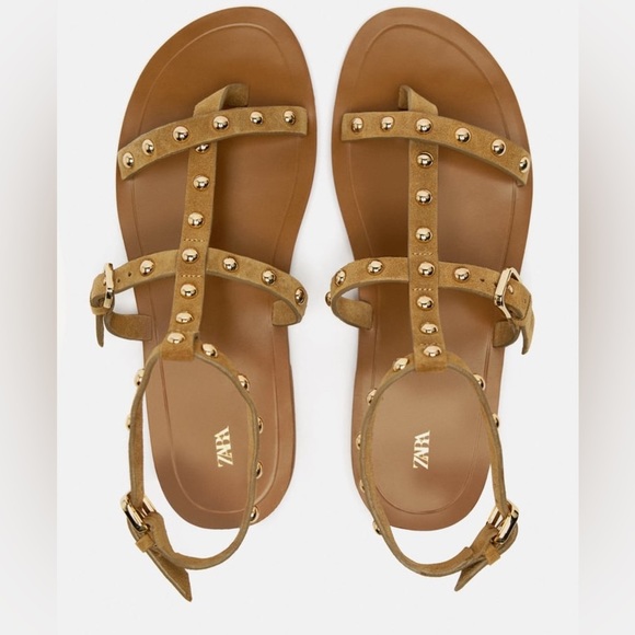 NWT. Zara Sandy Brown Studded Flat Suede Sandals. Size 6,5. - Picture 4 of 10